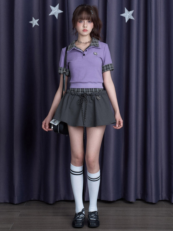 Faux Two-Piece Plaid Spliced Short-Sleeve T-Shirt