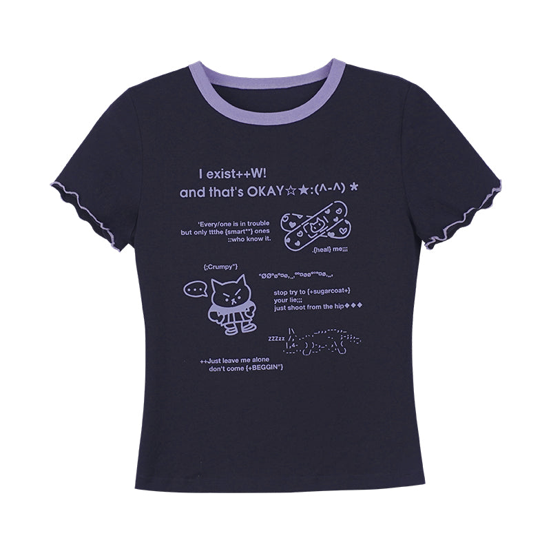 Cool Black/White Cute Print Short-Sleeve Bow T-Shirt