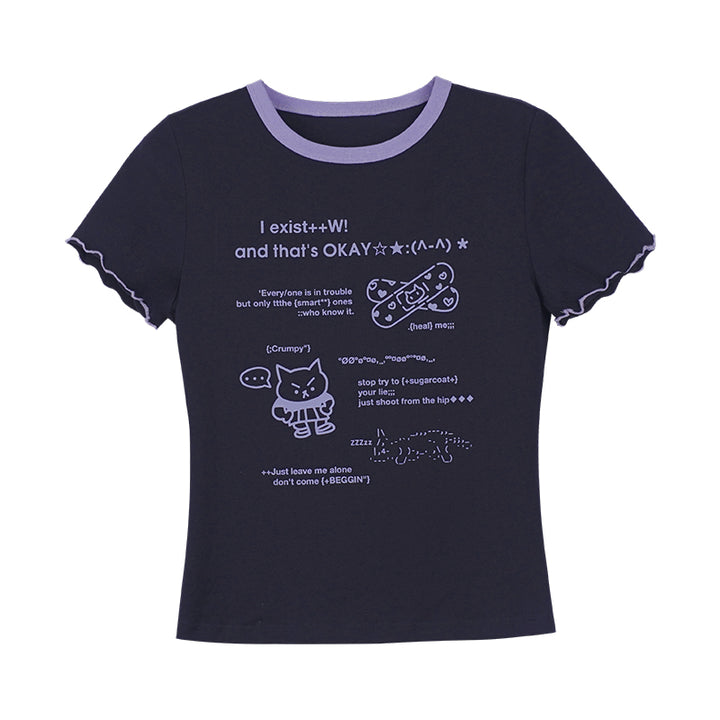 Cool Black/White Cute Print Short-Sleeve Bow T-Shirt