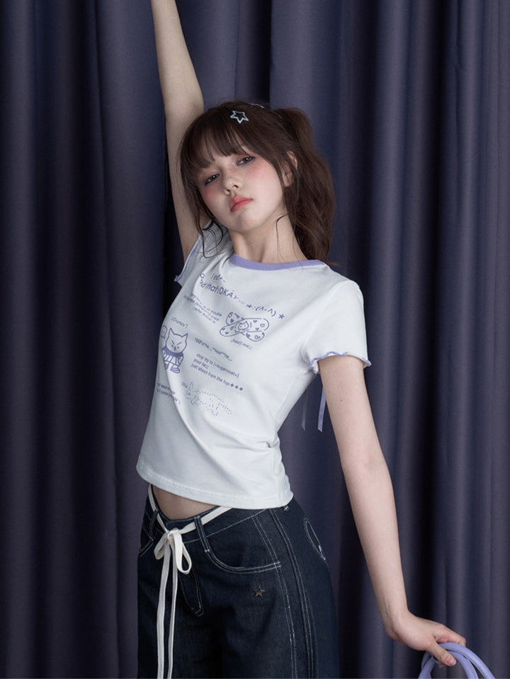 Cool Black/White Cute Print Short-Sleeve Bow T-Shirt