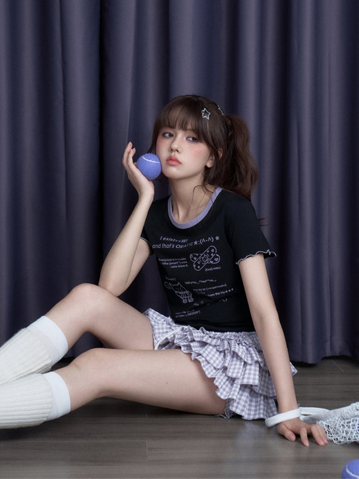 Cool Black/White Cute Print Short-Sleeve Bow T-Shirt