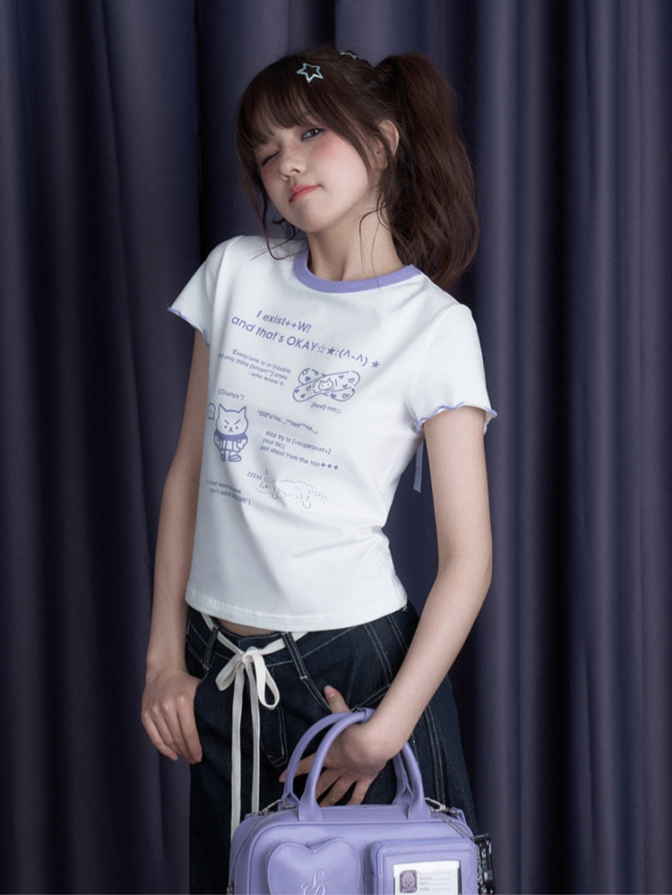 Cool Black/White Cute Print Short-Sleeve Bow T-Shirt
