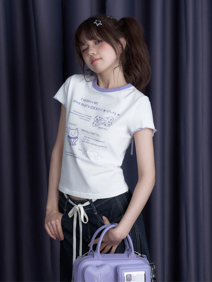 Cool Black/White Cute Print Short-Sleeve Bow T-Shirt