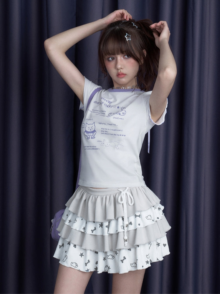 Cool Black/White Cute Print Short-Sleeve Bow T-Shirt