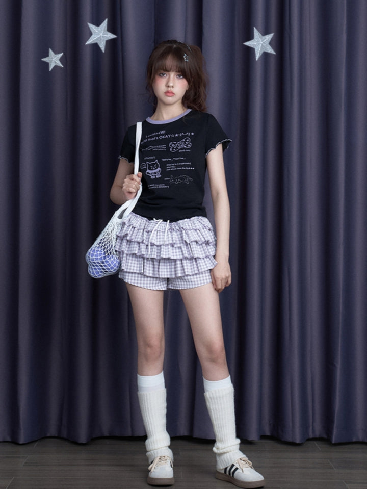 Cool Black/White Cute Print Short-Sleeve Bow T-Shirt