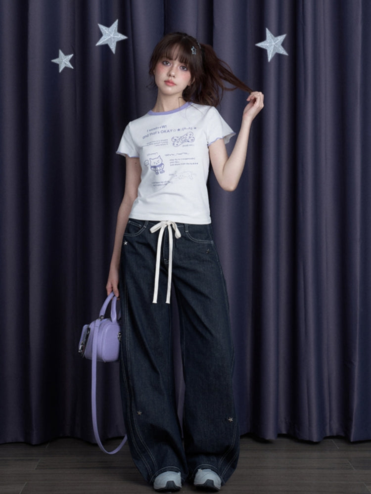 Cool Black/White Cute Print Short-Sleeve Bow T-Shirt