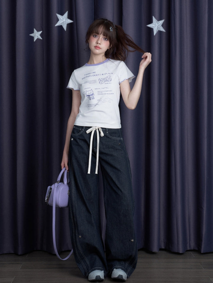 Cool Black/White Cute Print Short-Sleeve Bow T-Shirt