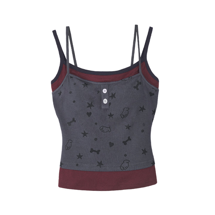 Cartoon Puppy Print Faux Two-Piece Tank Top