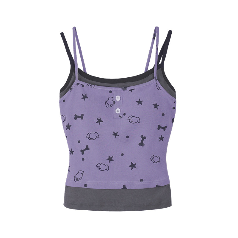 Cartoon Puppy Print Faux Two-Piece Tank Top