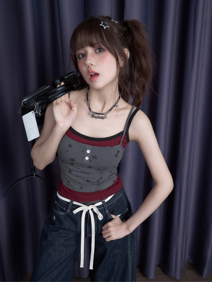 Cartoon Puppy Print Faux Two-Piece Tank Top