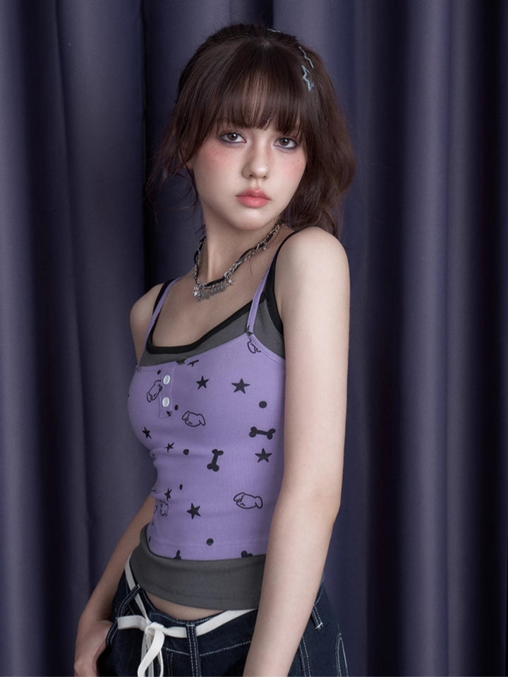 Cartoon Puppy Print Faux Two-Piece Tank Top