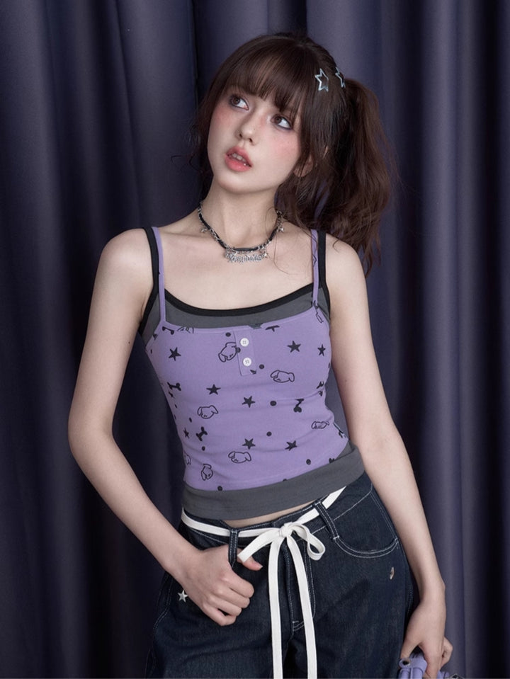 Cartoon Puppy Print Faux Two-Piece Tank Top