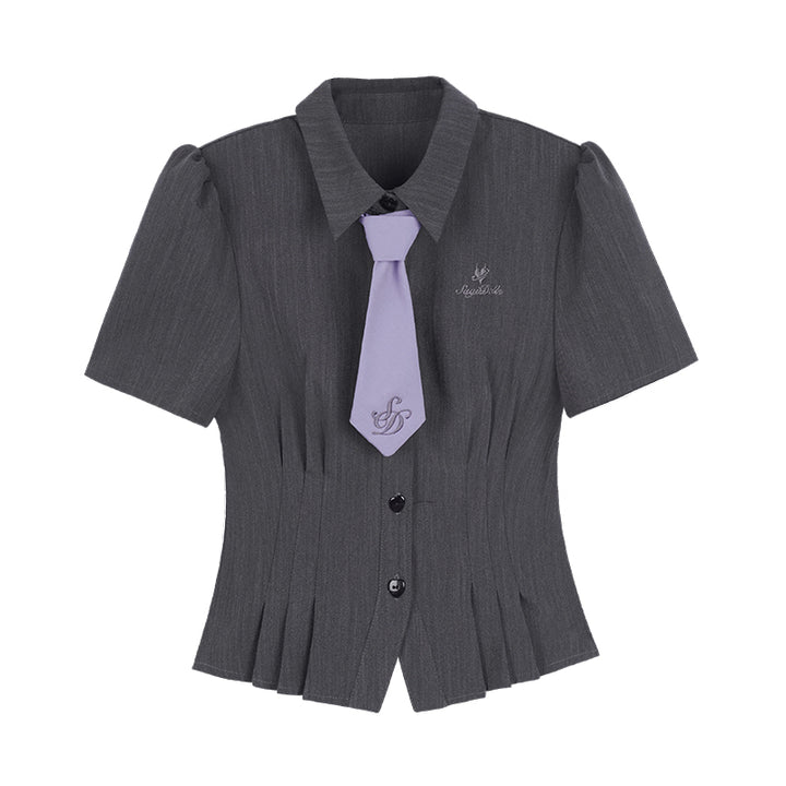 Dark Gray Cinched-Waist Slim-Fit Sweet-Spicy Short-Sleeve Summer Shirt