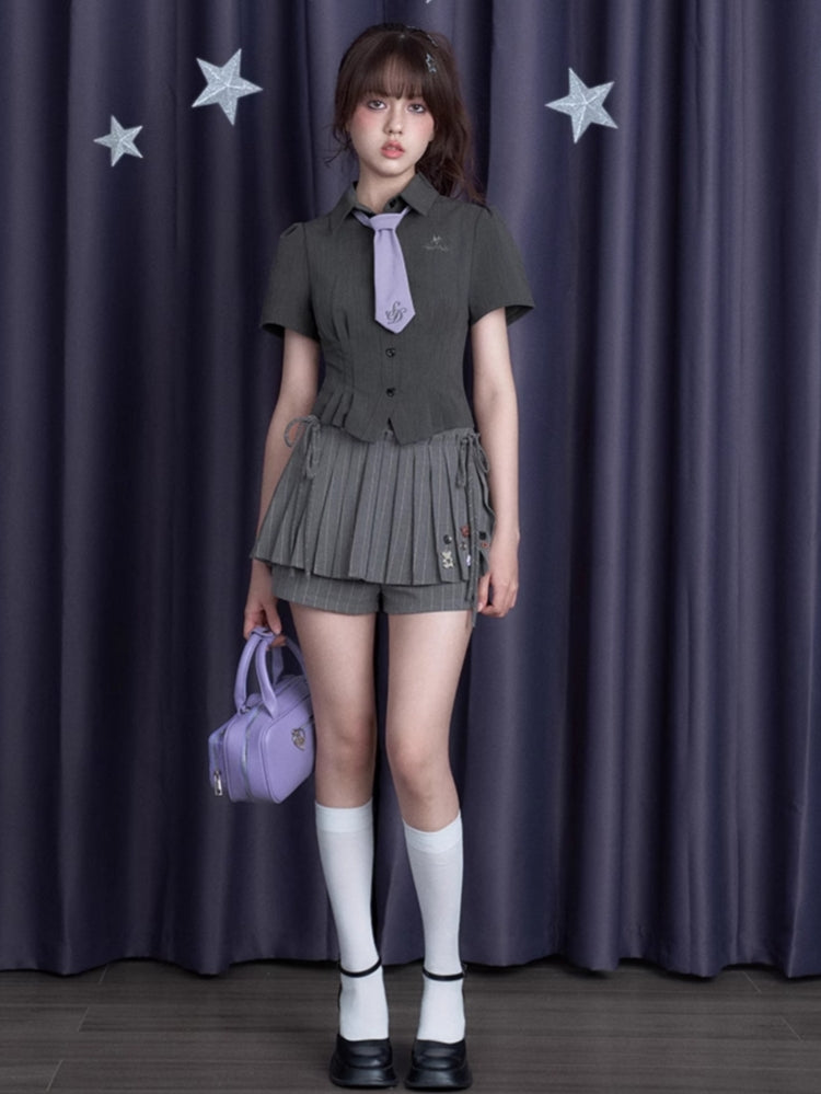 Dark Gray Cinched-Waist Slim-Fit Sweet-Spicy Short-Sleeve Summer Shirt