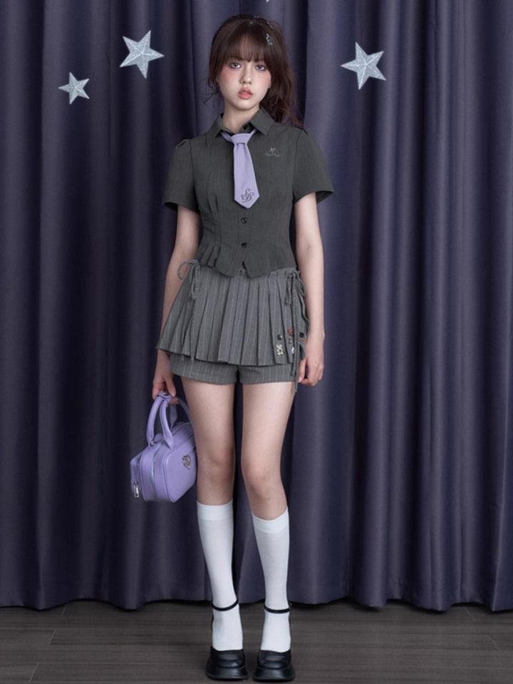 Dark Gray Cinched-Waist Slim-Fit Sweet-Spicy Short-Sleeve Summer Shirt