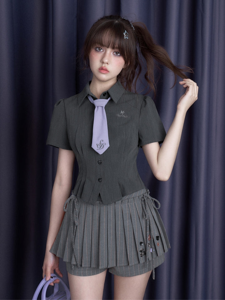 Dark Gray Cinched-Waist Slim-Fit Sweet-Spicy Short-Sleeve Summer Shirt