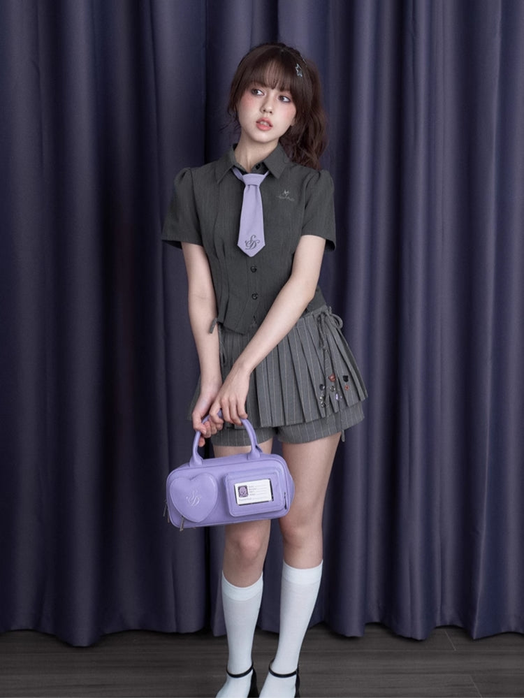 Dark Gray Cinched-Waist Slim-Fit Sweet-Spicy Short-Sleeve Summer Shirt