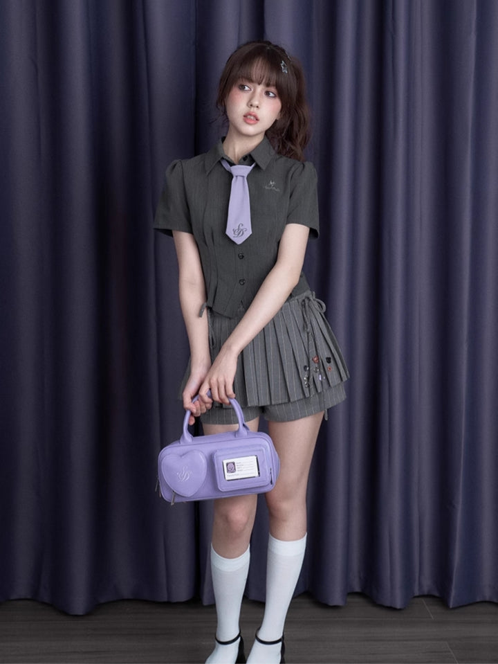 Dark Gray Cinched-Waist Slim-Fit Sweet-Spicy Short-Sleeve Summer Shirt