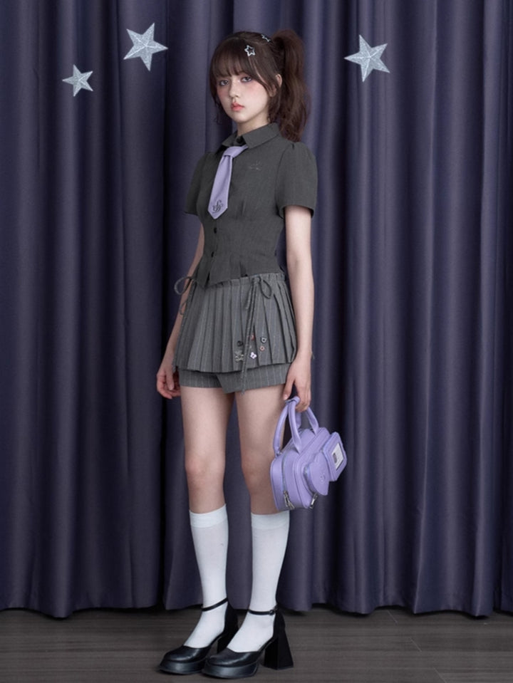 Dark Gray Cinched-Waist Slim-Fit Sweet-Spicy Short-Sleeve Summer Shirt