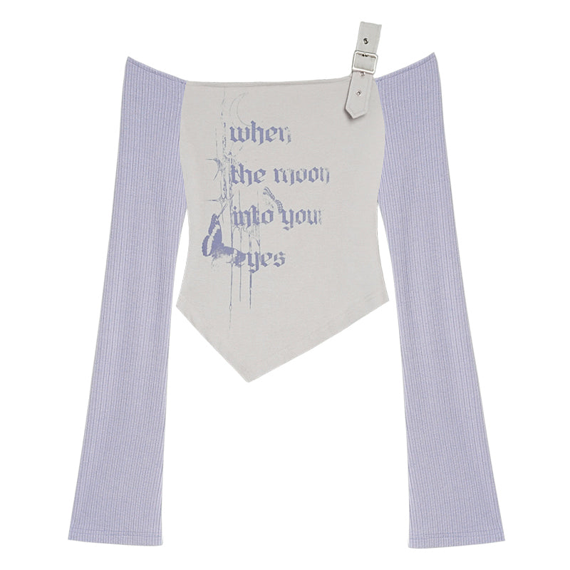 Spicy Girl Gray-Purple Off-Shoulder Long-Sleeve Irregular Top