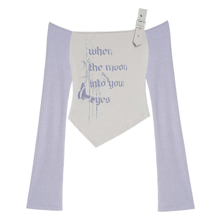 Spicy Girl Gray-Purple Off-Shoulder Long-Sleeve Irregular Top