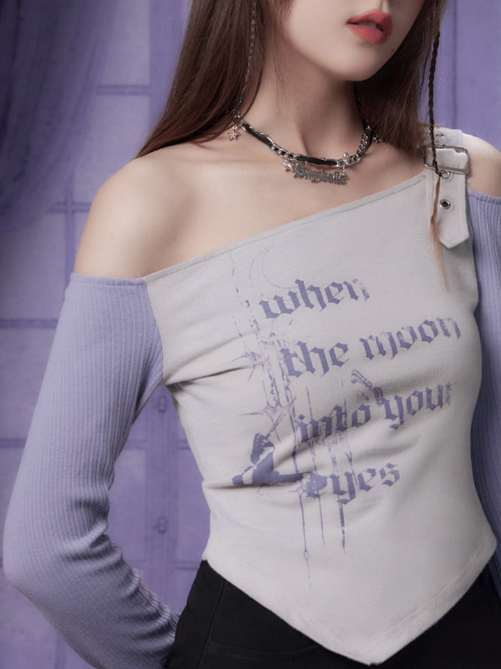 Spicy Girl Gray-Purple Off-Shoulder Long-Sleeve Irregular Top
