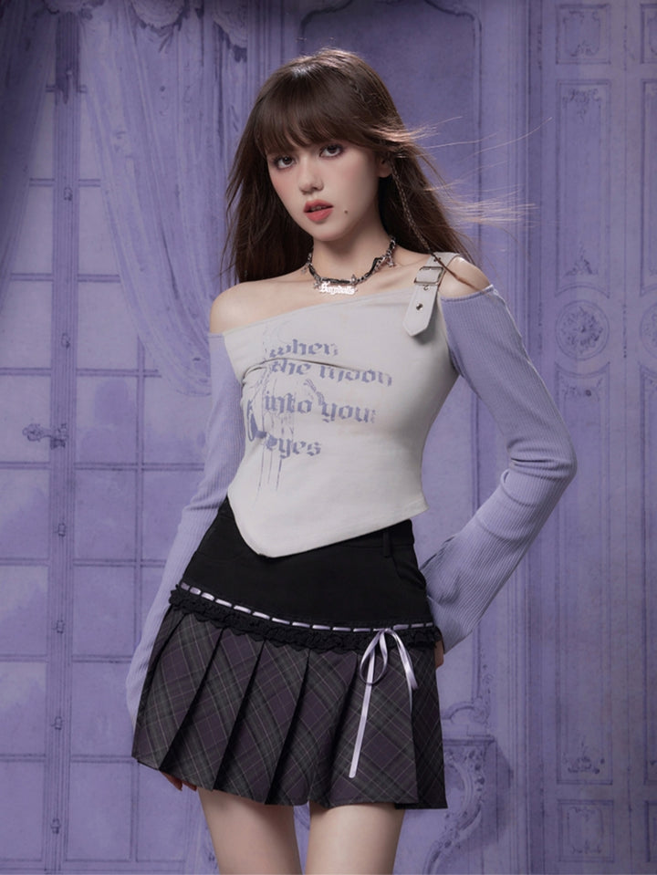 Spicy Girl Gray-Purple Off-Shoulder Long-Sleeve Irregular Top