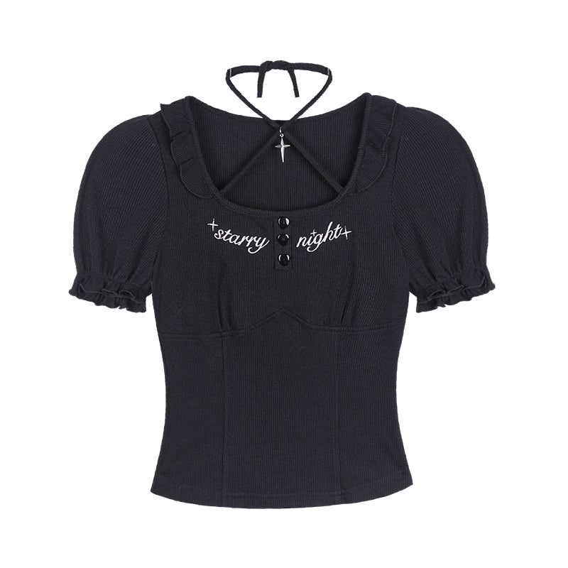 Dark Halter-Neck Puff-Sleeve Summer Top