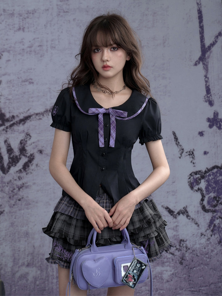 Black-Purple Plaid Puff Short-Sleeve Top