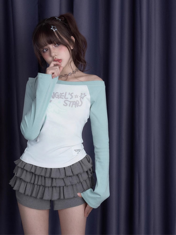 One-shoulder light green long-sleeve spring top