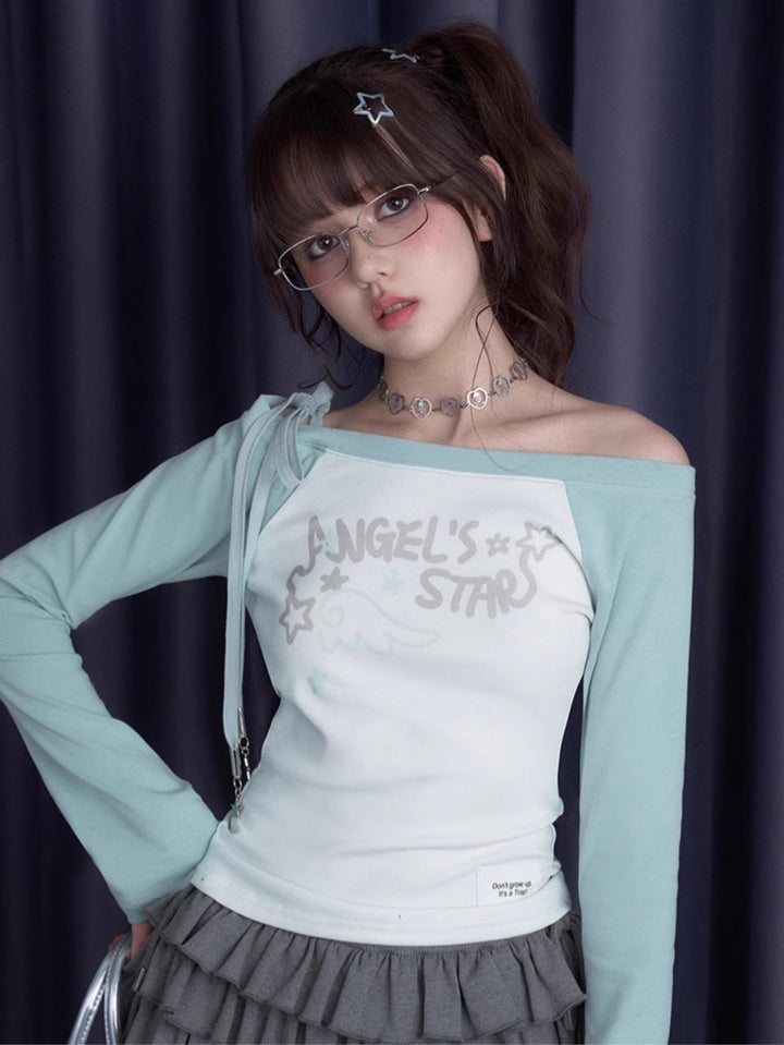 One-shoulder light green long-sleeve spring top