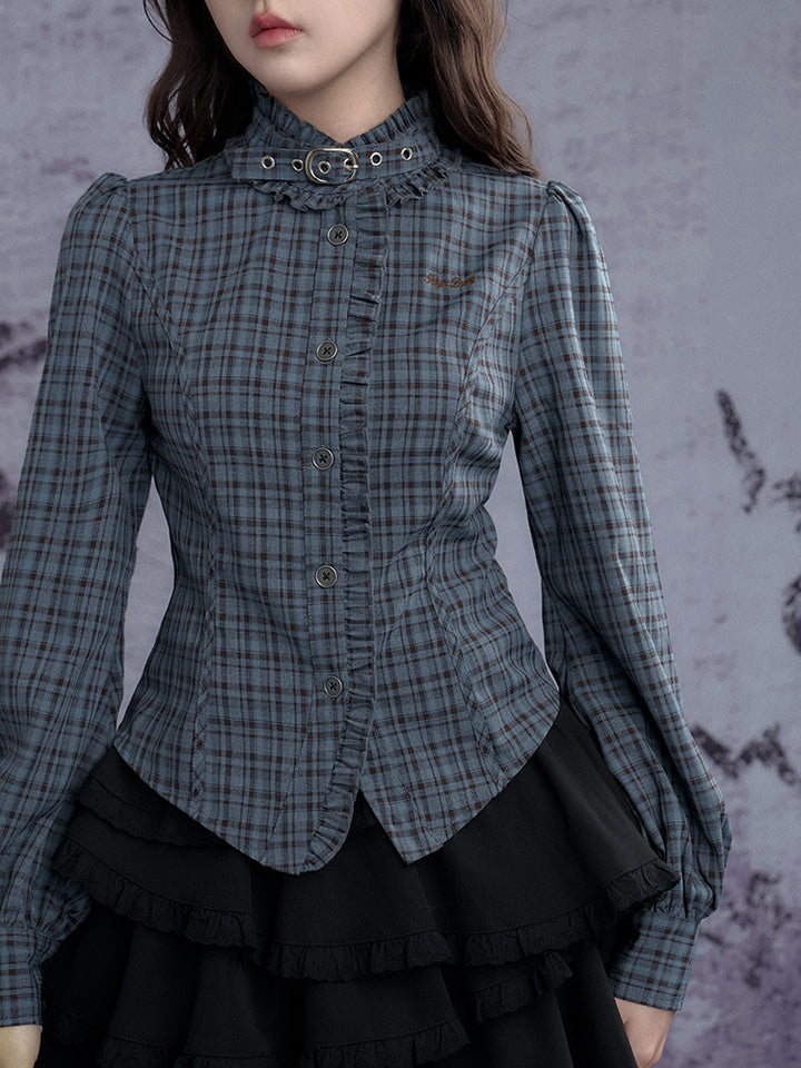 Stand collar choker blue-green plaid long-sleeve shirt