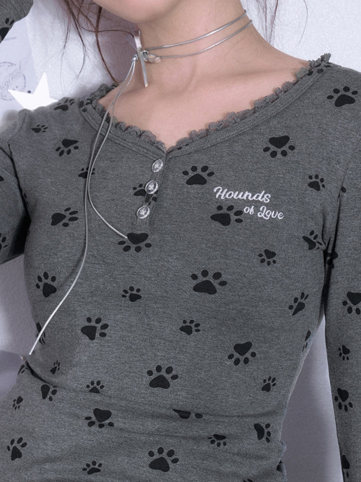Cute puppy paw print V-neck long-sleeve top