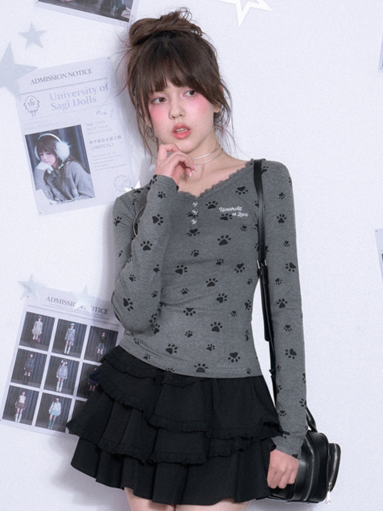 Cute puppy paw print V-neck long-sleeve top