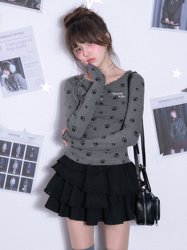 Cute puppy paw print V-neck long-sleeve top