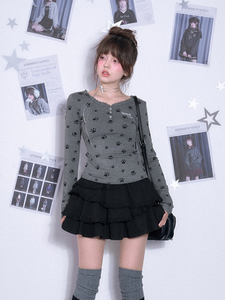 Cute puppy paw print V-neck long-sleeve top