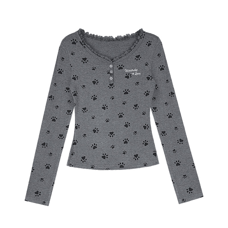 Cute puppy paw print V-neck long-sleeve top