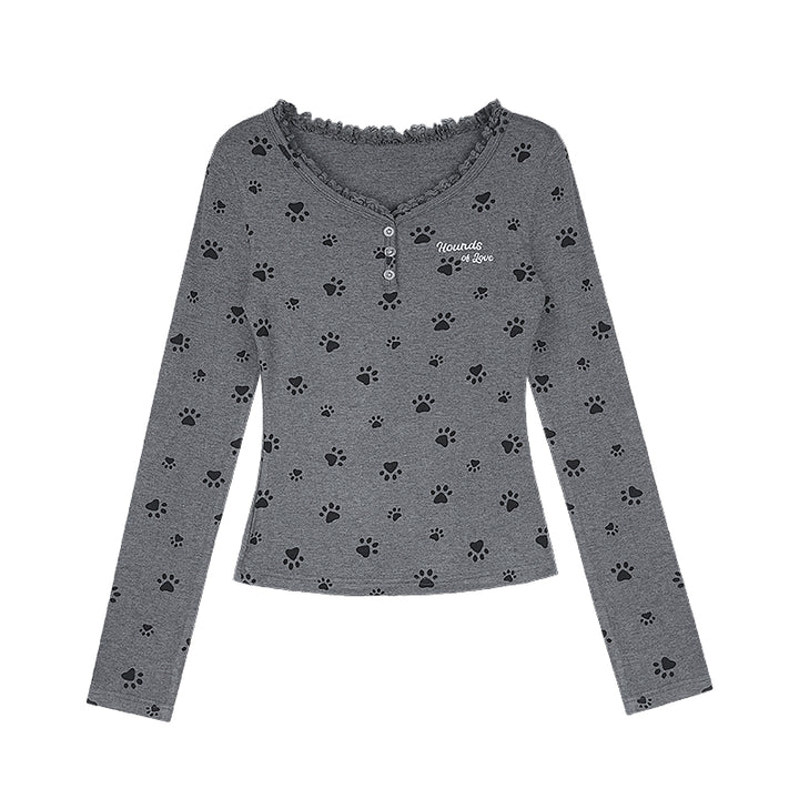 Cute puppy paw print V-neck long-sleeve top
