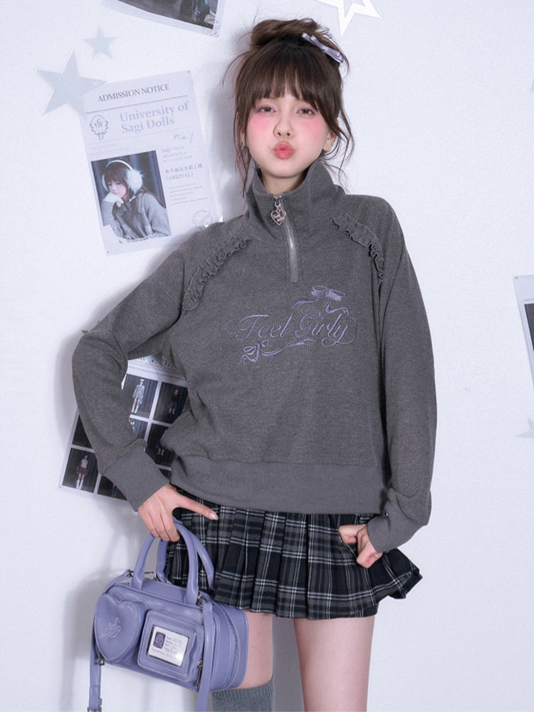 Waffle knit mock neck long-sleeve sweatshirt