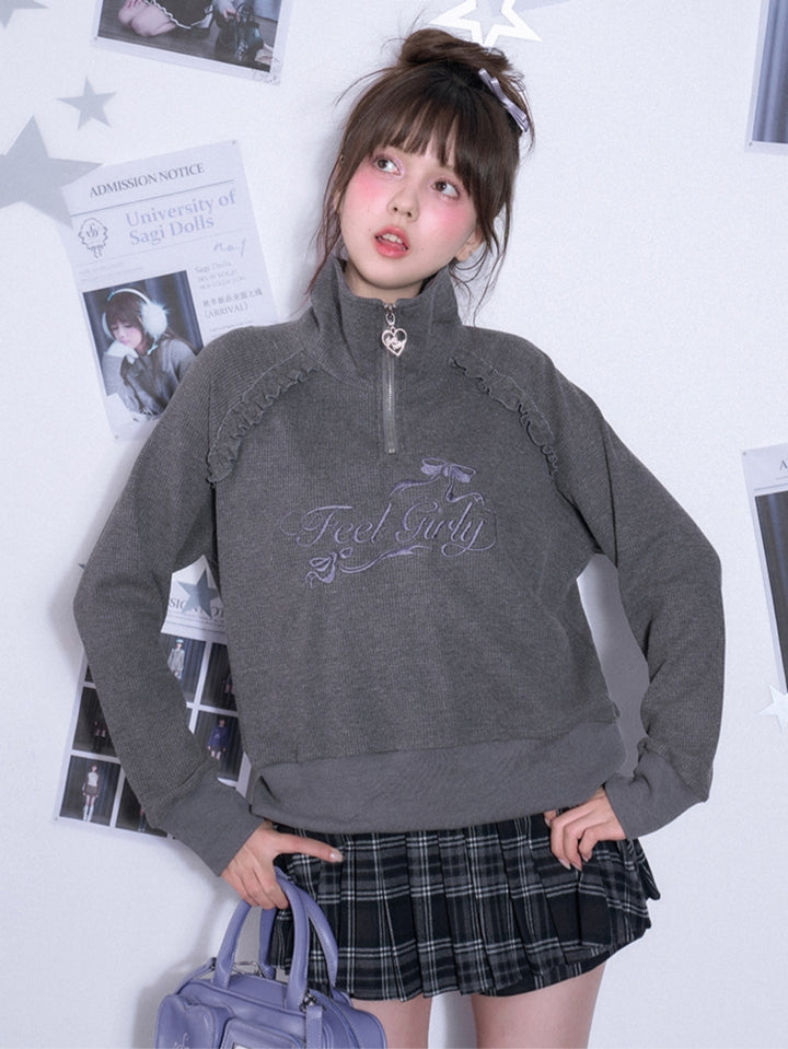 Waffle knit mock neck long-sleeve sweatshirt