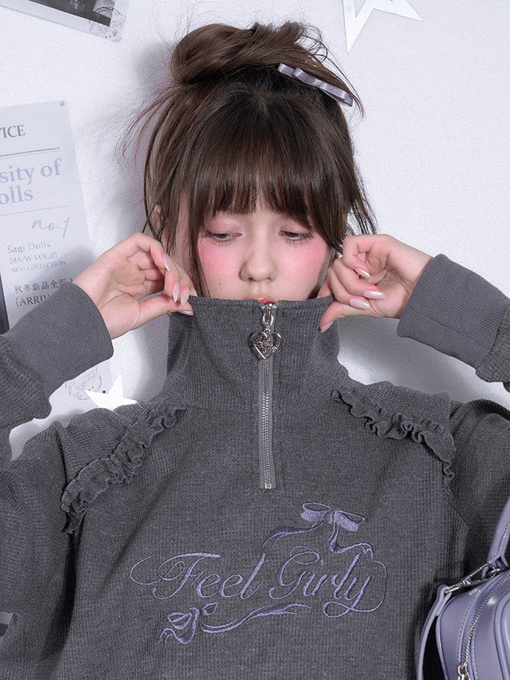 Waffle knit mock neck long-sleeve sweatshirt