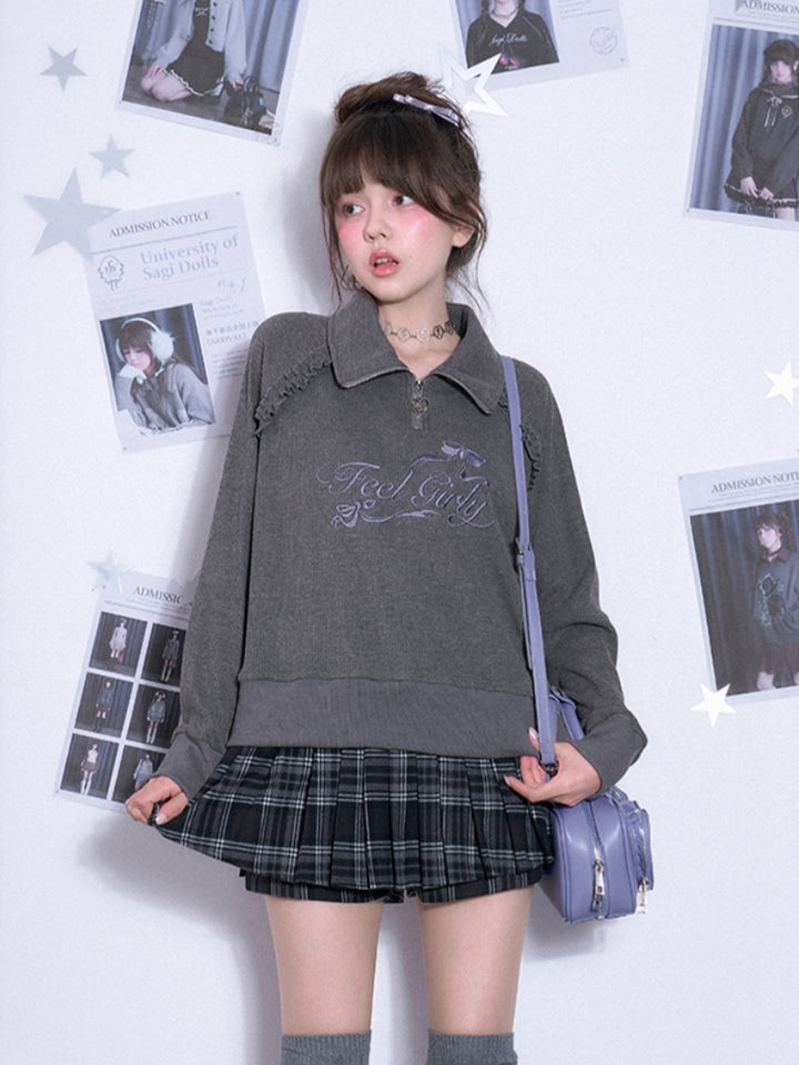 Waffle knit mock neck long-sleeve sweatshirt