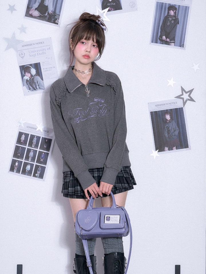 Waffle knit mock neck long-sleeve sweatshirt