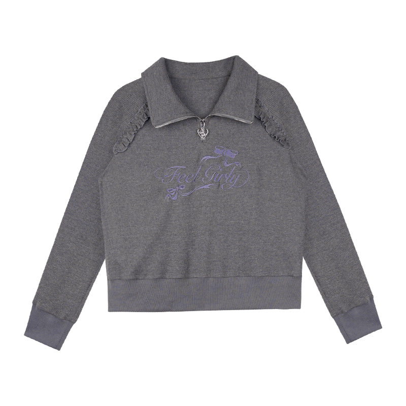 Waffle knit mock neck long-sleeve sweatshirt