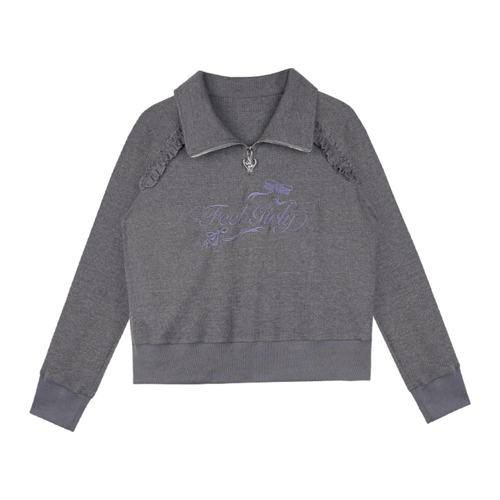 Waffle knit mock neck long-sleeve sweatshirt