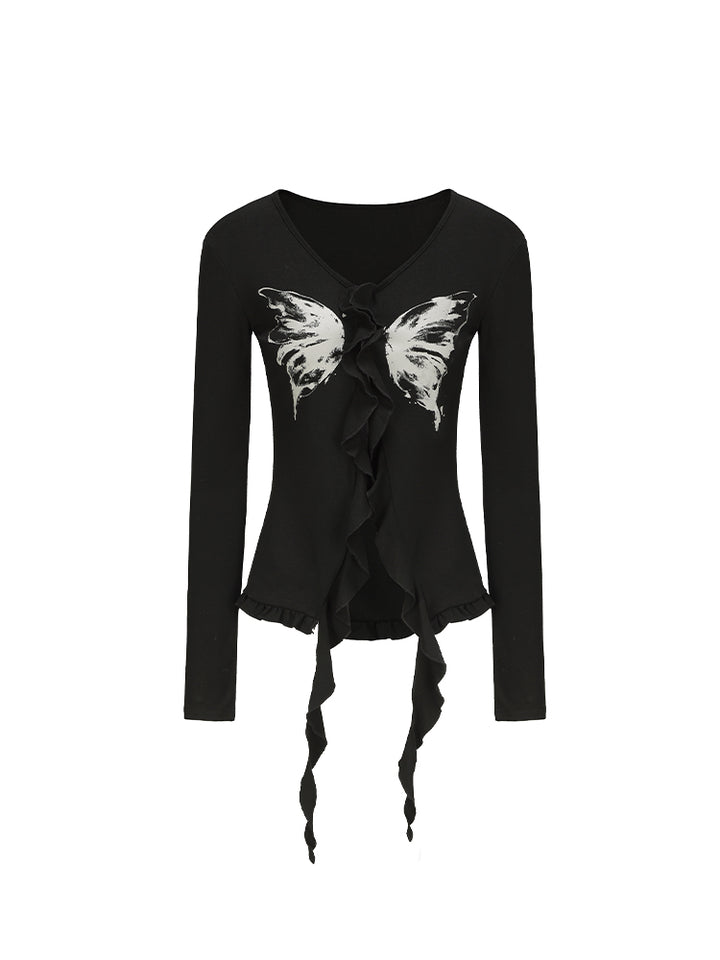 Black Y2K Butterfly Print Top
