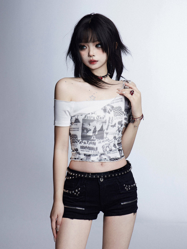 Vintage Sheer Off-Shoulder Cropped Printed T-shirt