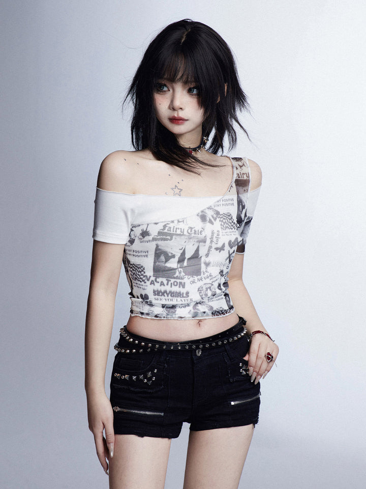 Vintage Sheer Off-Shoulder Cropped Printed T-shirt