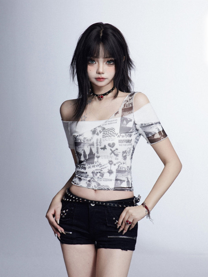 Vintage Sheer Off-Shoulder Cropped Printed T-shirt