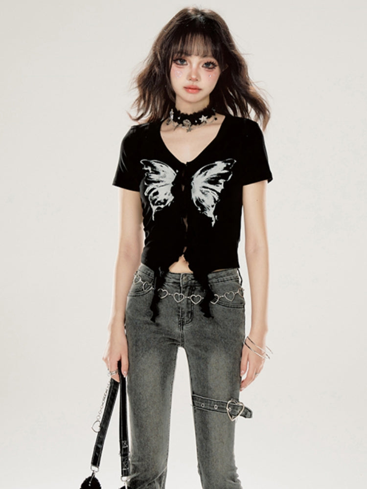 Y2K Black Butterfly Cropped T-shirt
